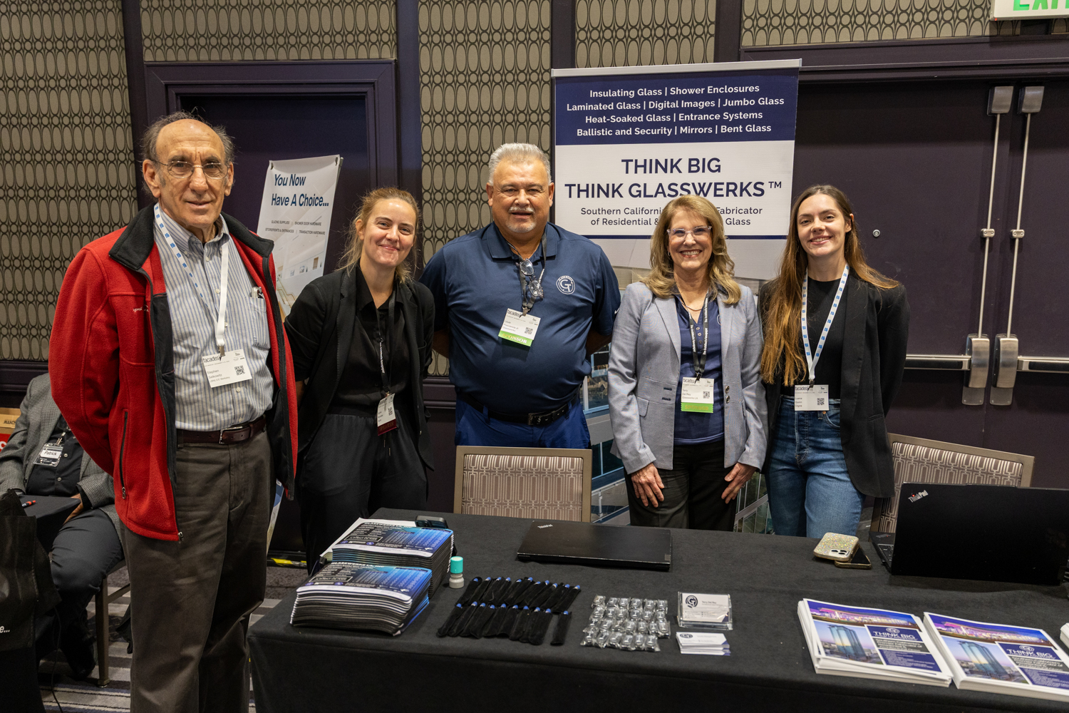 The Glasswerks exhibit at Zak World of Façades — Omni Los Angeles, April 9, 2026. Sales Managers Terry Del Rey and Louie Plascecia all smiles with Facades+ organizers.