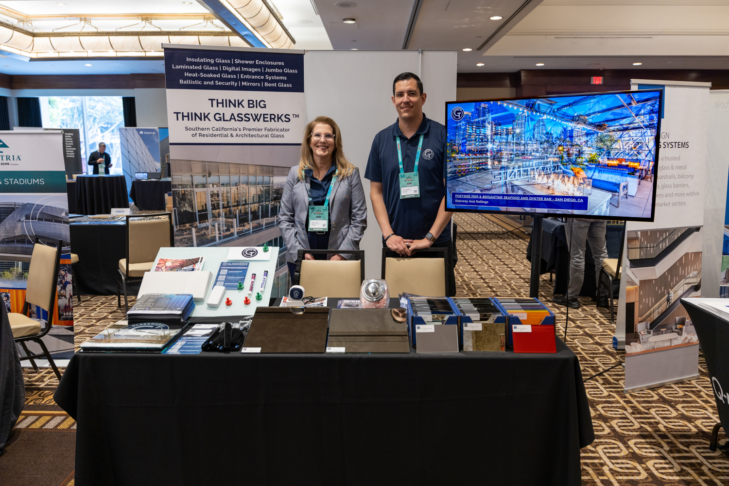 The Glasswerks exhibit at Zak World of Façades — Omni Los Angeles, April 9, 2026. Sales Managers Terry Del Rey and Aldo Gonzalez in attendance to talk all things glass and mirror.